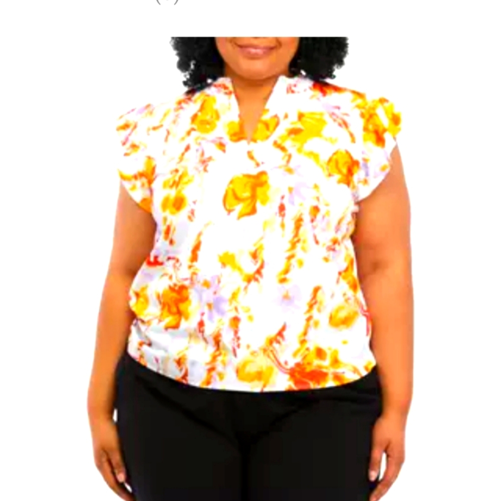 Plus sz short flutter slv split neck top NWT